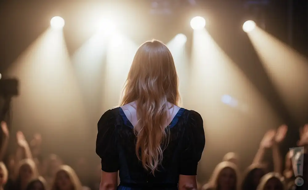 a photograph depicting the view from behind singer kristiane performing on stage in front of an audience